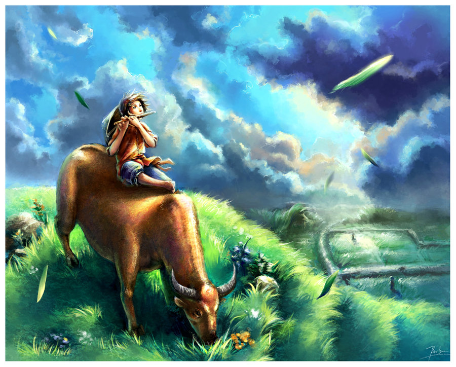 Chú bé cưỡi trâu thổi sáo